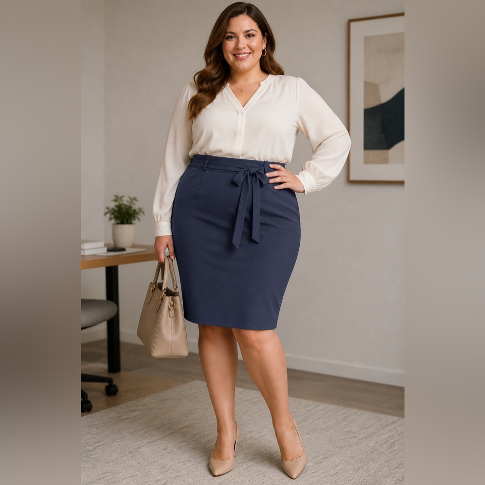 Liz Claiborne Navy Blue Pencil Skirt Size 18 Bow Tie Waist Office Career Plus